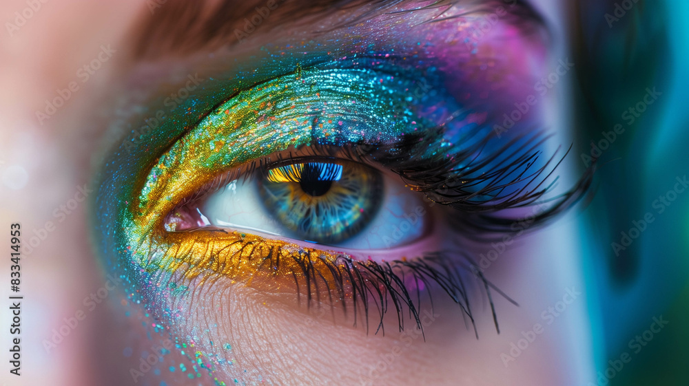A close-up shot of a woman's eye with vivid and elaborate makeup, reminiscent of a vibrant tropical sunset. Ai generated A close-up shot of a woman's eye with vivid and elaborate makeup, reminiscent of a vibrant tropical sunset. Ai generated