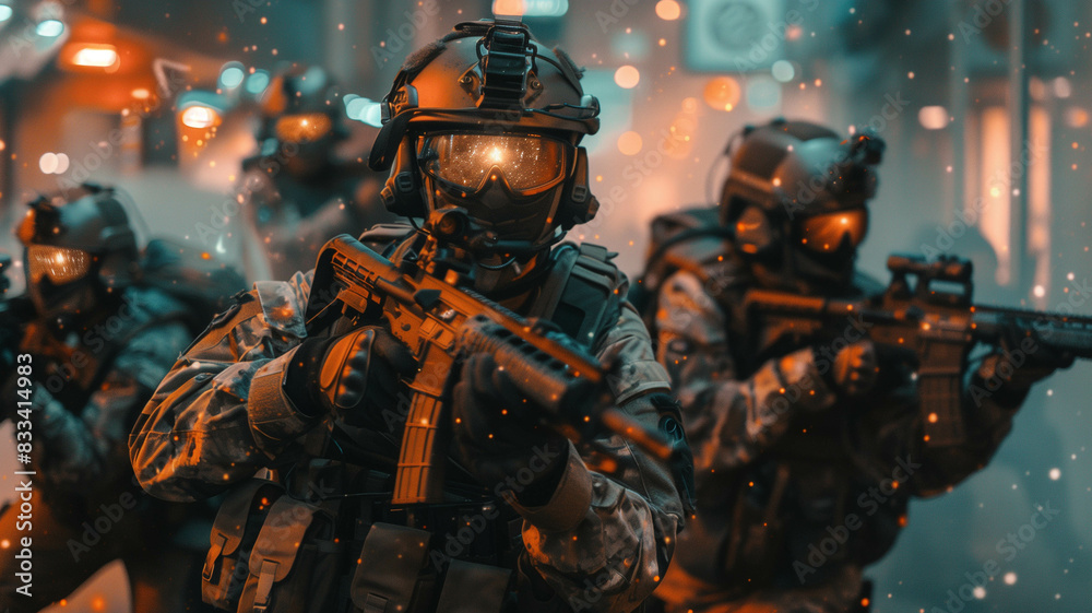 A military special force team conducting a covert operation in a dense jungle at dawn. Ai generated A military special force team conducting a covert operation in a dense jungle at dawn. Ai generated