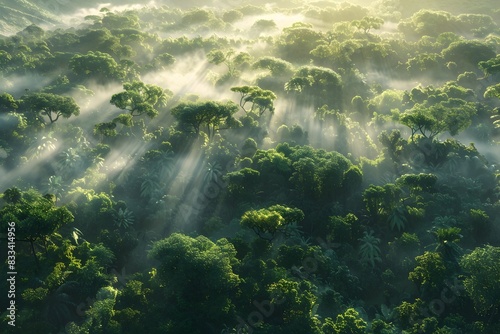Majestic Forest Awakes Under the First Rays of Dawn Illuminating the Lush Canopy Teeming with Unseen Wildlife