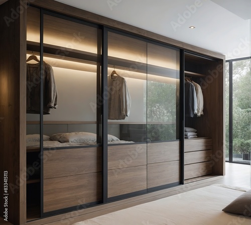 A modern bedroom features a minimalist interior design featuring a wooden wardrobe with glass sliding doors