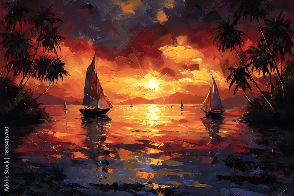 Breathtaking Tropical Island Sunset with Serene Sailboat Silhouettes