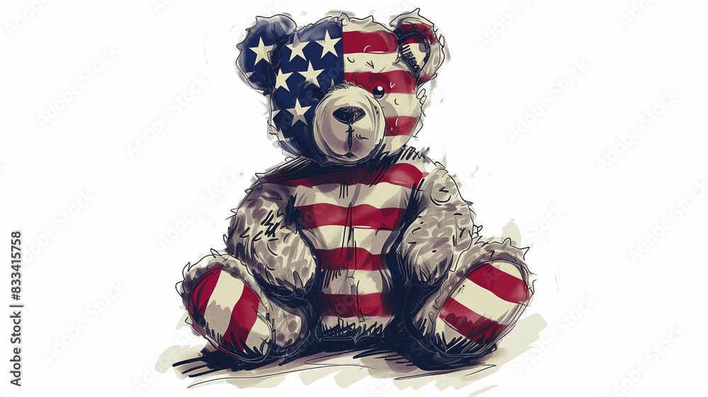 Stock photography, real photo of a teddy bear designed in American flag colors, depicted in a retro vintage style, minimalist ink drawing. Ai generated