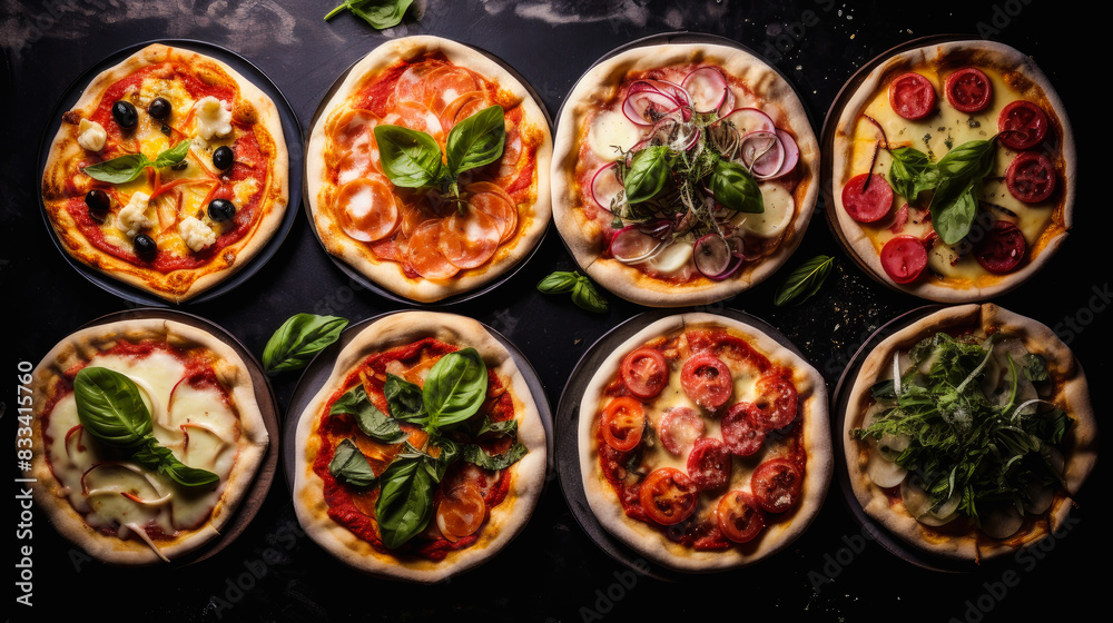 Large quantity of delicious aromatic pizza with gooey cheese, salami, pepperoni, and basil, next to the ingredients on a dark table surface. Large quantity of delicious aromatic pizza with gooey cheese, salami, pepperoni, and basil, next to the ingredients on a dark table surface.