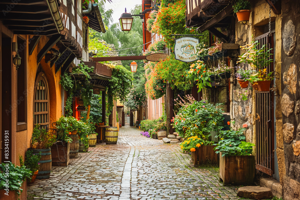 Fototapeta premium A charming European village with cobblestone streets and historic architecture, perfect for capturing the essence of Old World charm.