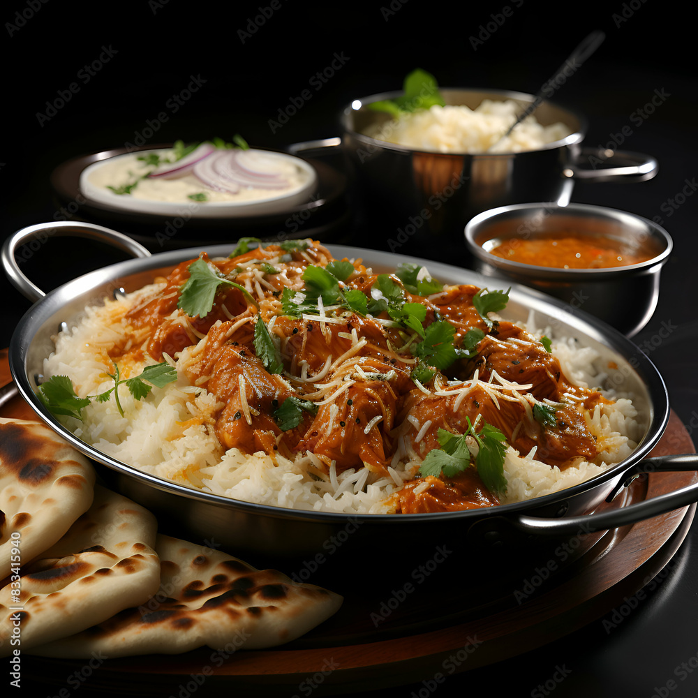 Chicken tikka masala served with basmati rice and naan bread