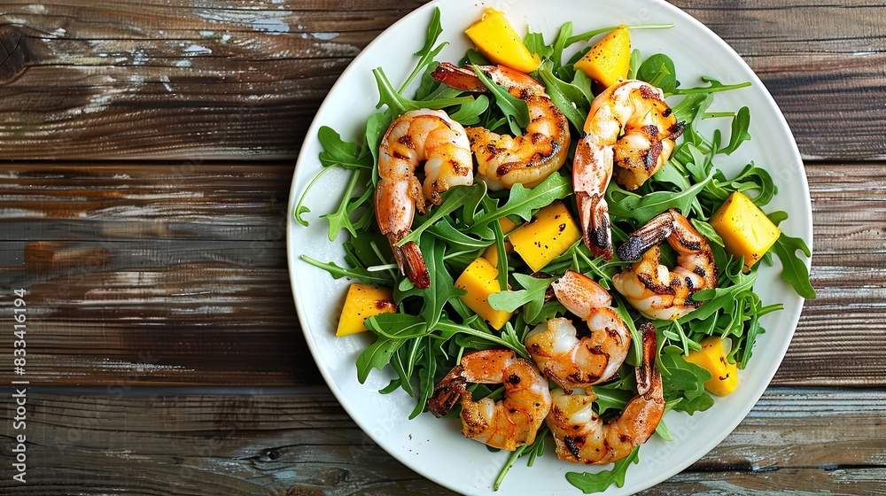 Arugula salad with grilled shrimp and mango on a white plate. Top view food photography. Healthy eating and fresh ingredients concept for design and print.