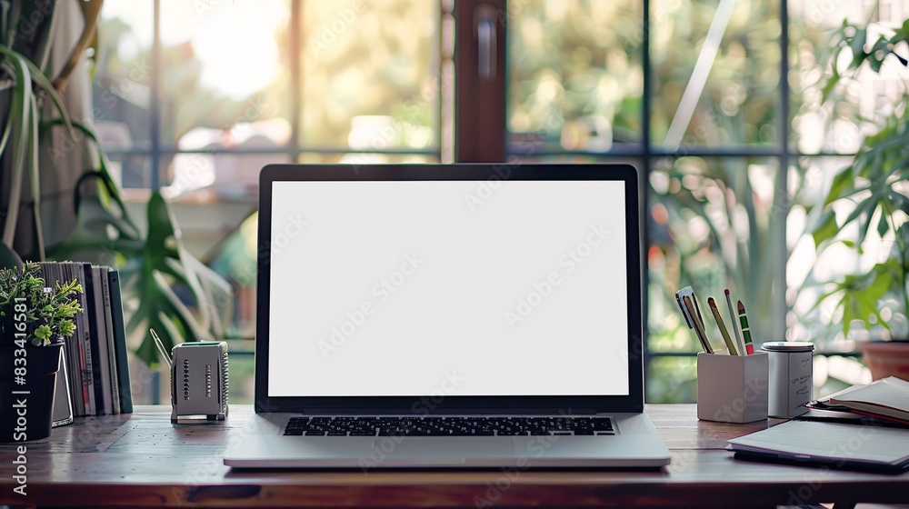 Workspace with laptop computer empty screen and office supply on wooden table. Workspace with laptop computer empty screen and office supply on wooden table.