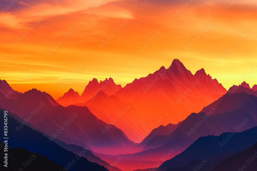 Obraz premium A dramatic mountain vista with rugged peaks silhouetted against a fiery sunset sky.