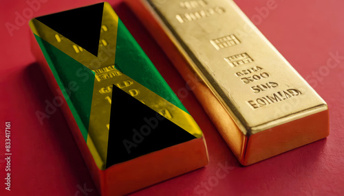 A gold bar with the Jamaica flag imprinted on it sits next to a plain gold bar on a red background, representing economic strength and patriotism photo