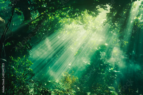 A lush green forest with rays of sunlight filtering through the canopy  creating a magical and serene atmosphere.