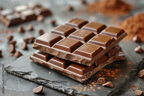 Broken bar of chocolate sprinkled with chocolate shavings, close-up. Chocolate day