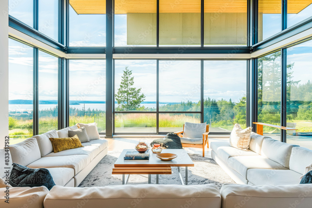 A modern living room with minimalist decor and floor-to-ceiling windows offering panoramic views of the surrounding landscape. A modern living room with minimalist decor and floor-to-ceiling windows offering panoramic views of the surrounding landscape.