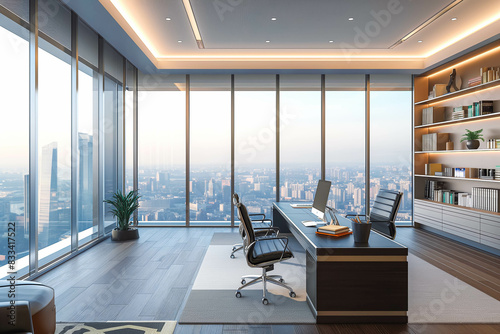 A modern office space with sleek furniture and panoramic windows offering sweeping views of the city skyline.