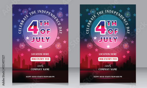 4th of July independence day poster, banner, flyer, background, template, with the greeting, usa flag waving ribbon, bunting decoration, and American famous landmarks in the background.