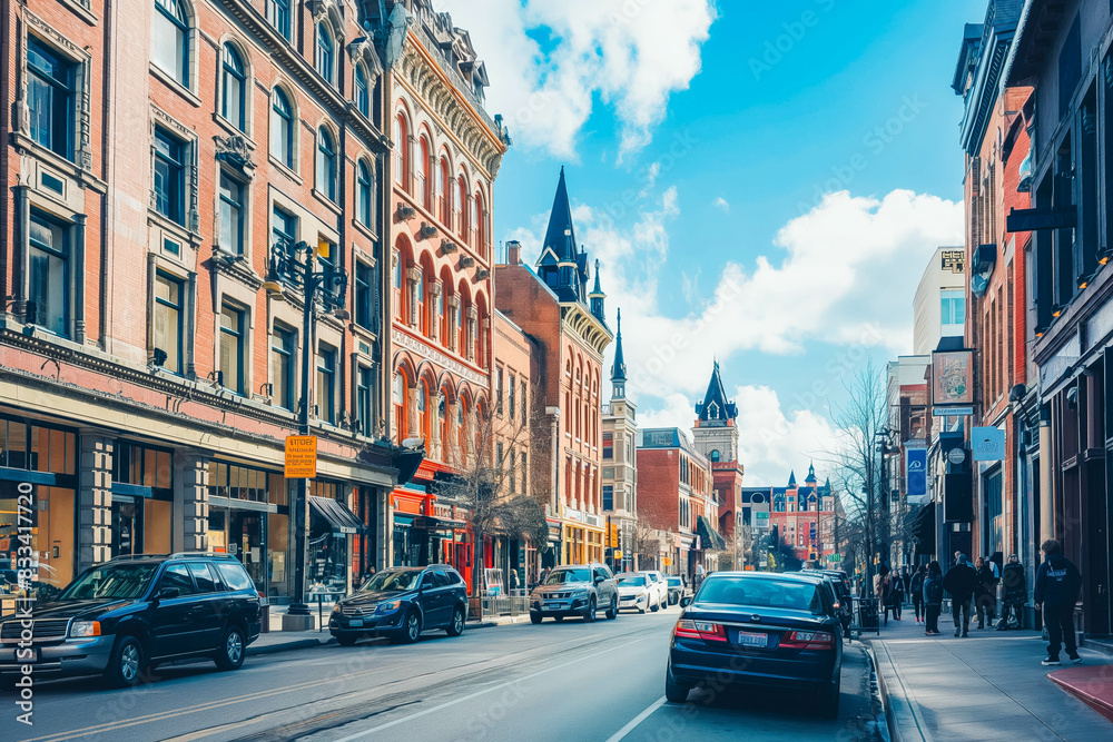 Obraz premium A panoramic view of a bustling city street lined with historic buildings and bustling with activity, showcasing the urban landscape.