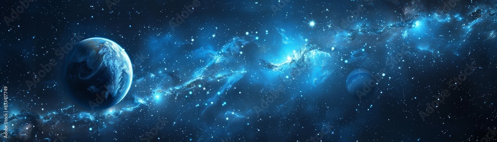 Stunning view of deep space with blue nebulae and distant stars. Perfect for backgrounds, posters, and educational materials. Stunning view of deep space with blue nebulae and distant stars. Perfect for backgrounds, posters, and educational materials.