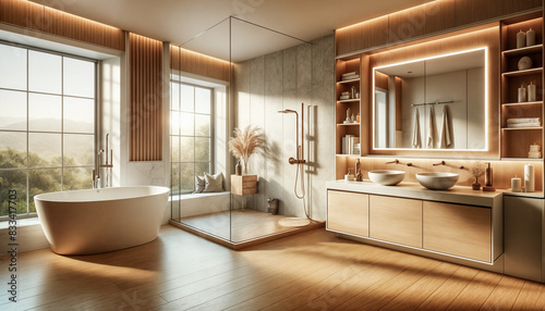 Obraz na płótnie Un bagno minimalista con caratteristiche da spa e colori caldi e terrosi w salonie