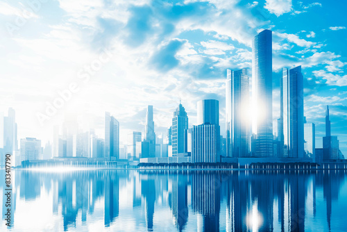 A panoramic view of a modern city skyline with sleek skyscrapers and futuristic architecture, representing progress and innovation.