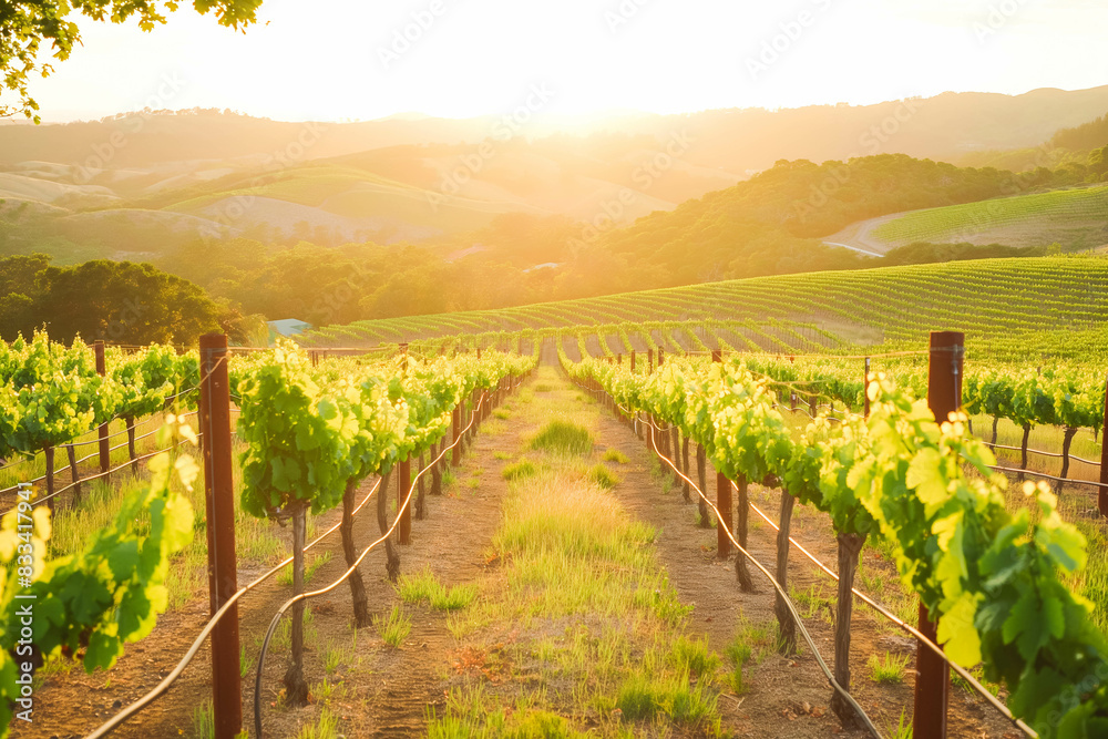 A picturesque vineyard at sunset, with rows of grapevines bathed in golden light and rolling hills in the background. A picturesque vineyard at sunset, with rows of grapevines bathed in golden light and rolling hills in the background.