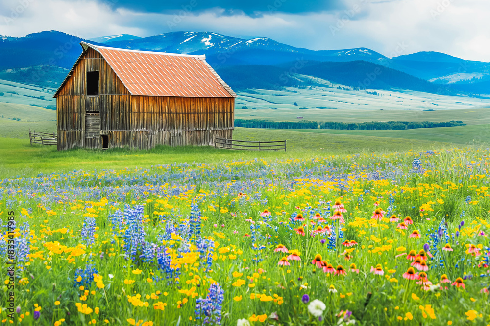 A rustic barn nestled in a field of wildflowers, surrounded by rolling fields and distant mountains. A rustic barn nestled in a field of wildflowers, surrounded by rolling fields and distant mountains.