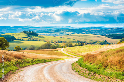 A picturesque countryside landscape with rolling hills and a winding country road disappearing into the distance.