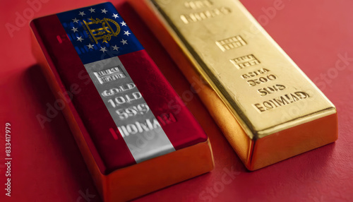 A gold bar with the Georgia flag imprinted on it sits next to a plain gold bar on a red background, representing economic strength and patriotism photo