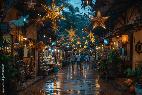 bustling market scene with star and crescent decorations hanging above captured using Panorama Stitching and Weather Sealing for a wide vibrant view © Premium Graphics