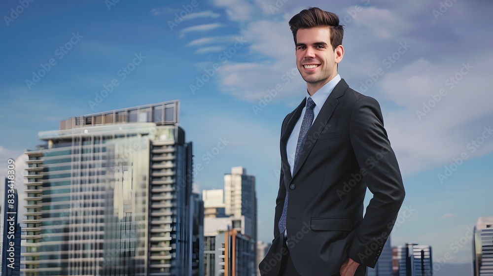 Smiling young businessman in a suit standing on a rooftop with a city skyline, symbolizing career success and urban lifestyle. Smiling young businessman in a suit standing on a rooftop with a city skyline, symbolizing career success and urban lifestyle.