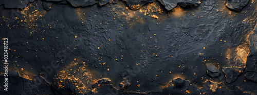 Black background with golden rust spots, top view, flat lay. Dark grunge concrete wall texture. Dark backdrop for design or decoration.