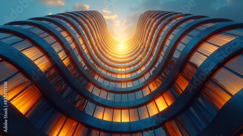 Modern architectural building with curved design, glowing windows and sunset sky. photo