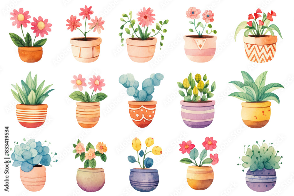 Fototapeta premium watercolor illustration boho flower pot houseplant clipart collection set, PNG isolated transparent background