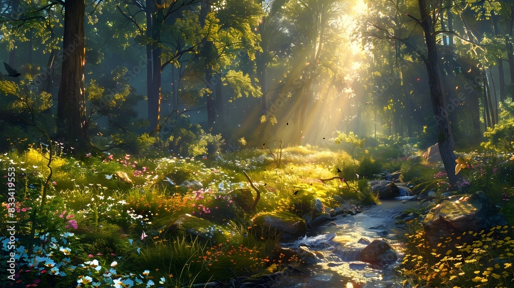 Enchanting Sun-Dappled Forest Stream with Lush Springtime Foliage Enchanting Sun-Dappled Forest Stream with Lush Springtime Foliage