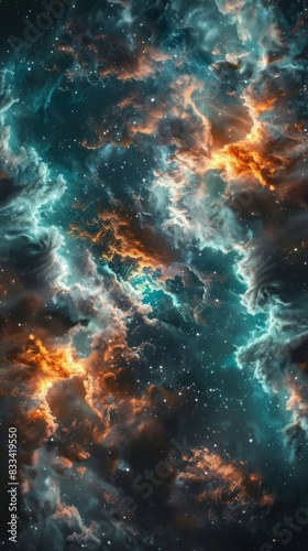This image depicts a dramatic nebula with vibrant hues of teal and orange. The gas clouds are illuminated, creating a fiery effect against a backdrop of countless twinkling stars in the deep cosmos.