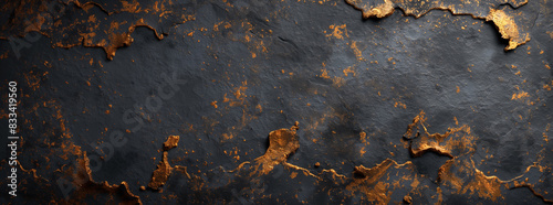Black background with golden rust spots, top view, flat lay. Dark grunge concrete wall texture. Dark backdrop for design or decoration.