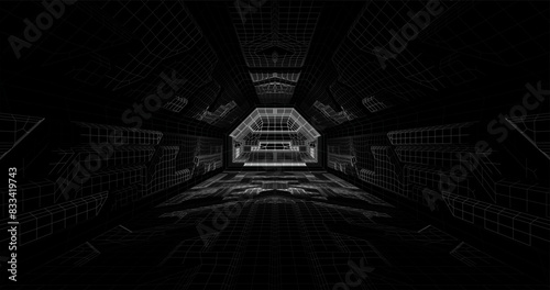 Futuristic low poly sci-fi laboratory or spaceship corridor with neon light. Vector illustration