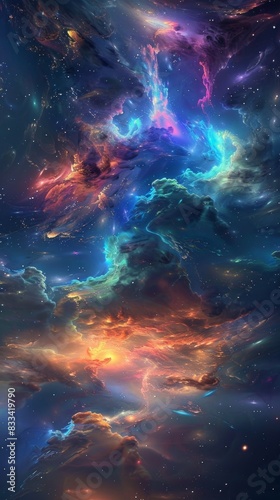 This image depicts a vibrant nebula with swirling clouds of gas and dust in shades of blue, orange, and pink, illuminated by stars, set against the vast, dark expanse of space.