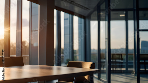interior of a office, Beautiful blurred background of a light modern office interior with panoramic windows and beautiful lighting