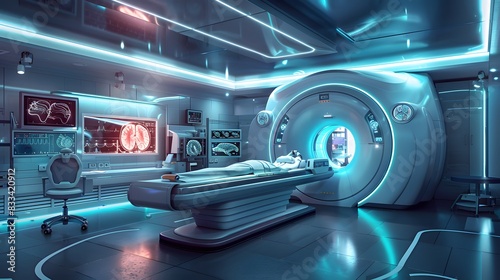 Illustrate a futuristic diagnostic lab with advanced imaging technologies like AI-enhanced MRI and CT scanners