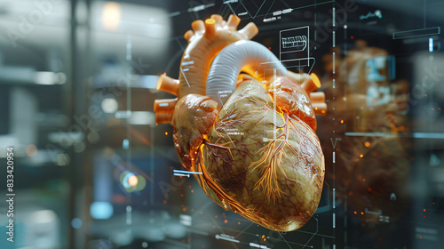 A heart is showing 3D. The heart is surrounded by a digital display that shows the heart's internal structure and functions photo