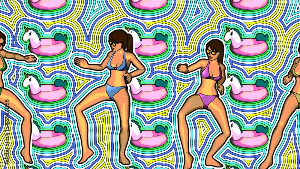 Seamless animation of bikini girls dancing. Funny summer background cartoon hand drawn style with wave echo lines. Seamless animation of bikini girls dancing. Funny summer background cartoon hand drawn style with wave echo lines.