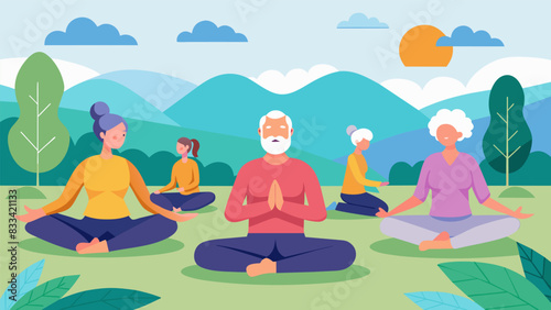 A series of seniors stretching and moving to a virtual yoga class in a serene outdoor setting.. Vector illustration