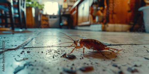 A single, lifeless cockroach lies on the floor of a typical kitchen setting