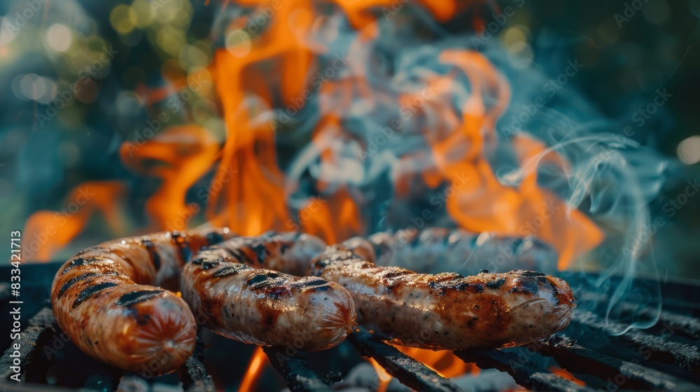 Savory grilled sausages sizzle on a smoky barbecue grill, with fiery flames dancing in the background, teasing the taste buds with a summer delight.