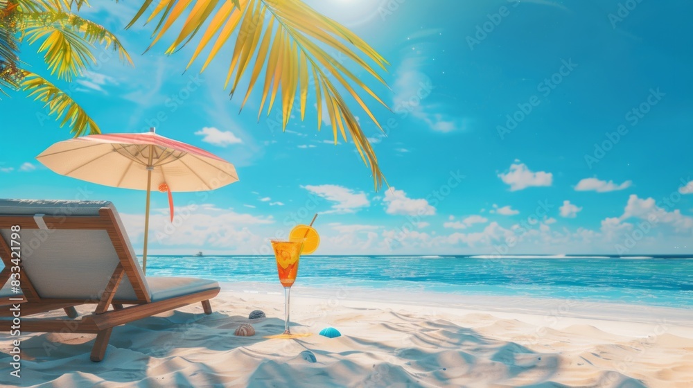 Obraz premium Idyllic tropical beach with sun-kissed sand, swaying palm trees, colorful sun lounger, beach umbrella, and refreshing cocktail drink under a brilliant blue sky.