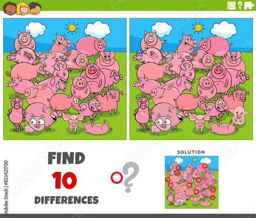 differences activity with cartoon pigs farm animals group