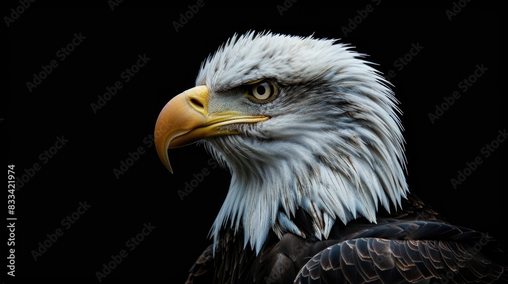 Obraz premium A close-up shot of a bald eagle perched against a dark backdrop, highlighting its majestic features