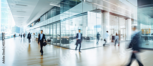 Bright business workplace with people in walking in blurred motion in modern office