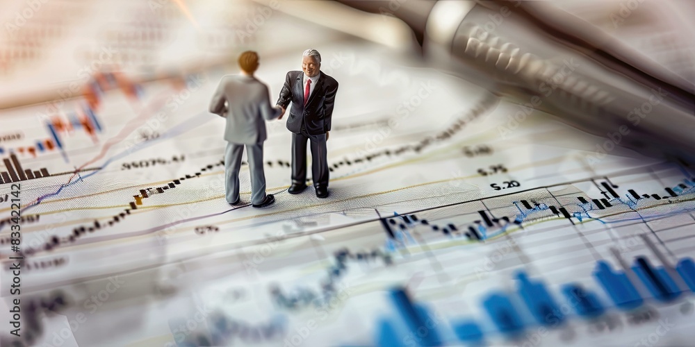 a image of two miniature people shaking hands on a business chart a image of two miniature people shaking hands on a business chart