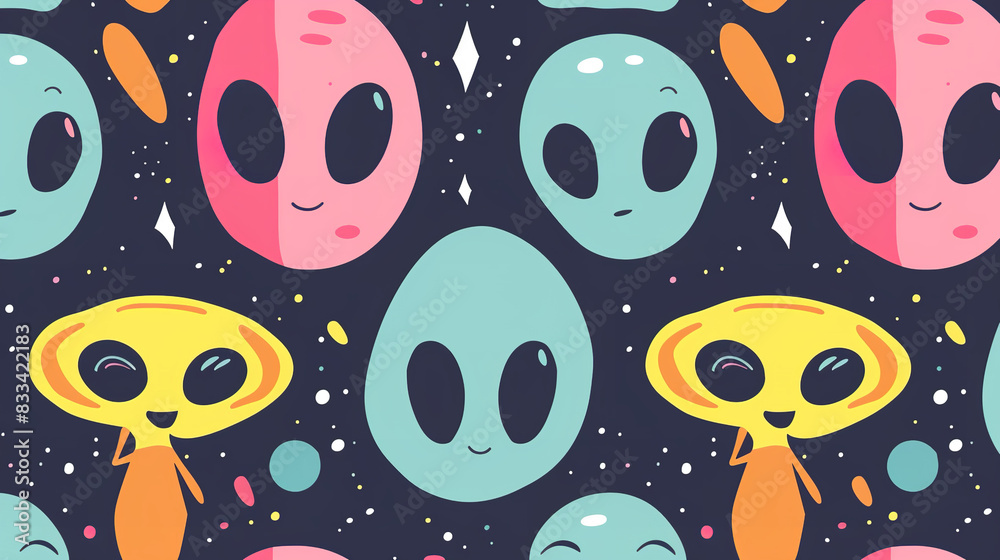 cute cartoon illustrations, seamless repeating patten, alien faces