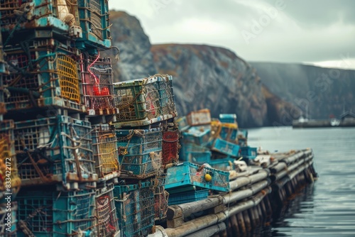 Close-Up View of Lobster Traps Stacked in the Harbor: Exploring the Intricate Details of the Fishing Industry's Vital Equipment.

 photo